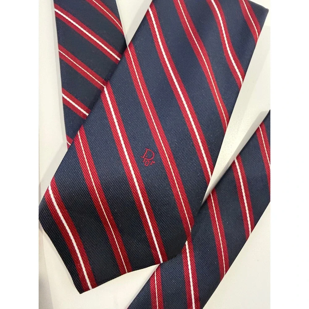 Christian Dior Tie Navy Blue Red White Striped Logo Mens